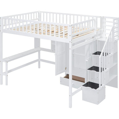 Full size Loft Bed with Bookshelf,Drawers,Desk,and Wardrobe-White