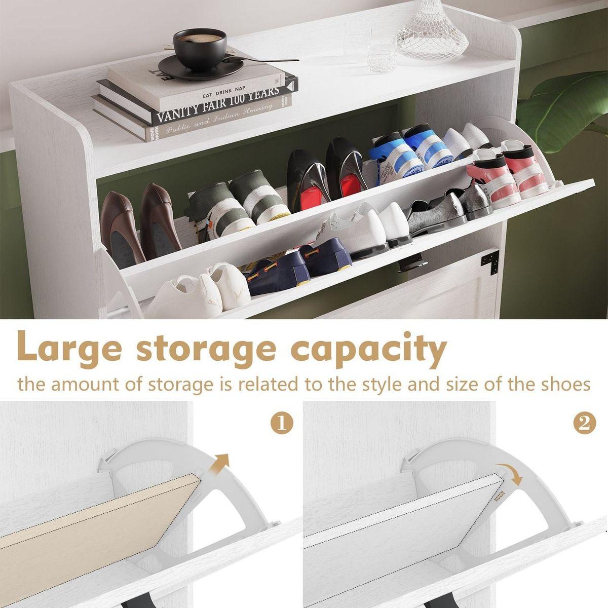 Shoe Cabinet with 2 Flip Drawers,Shoe Storage Cabinet for Entryway,Freestanding Shoe Cabinet Organizer with Open Storage,Narrow Farmhouse Shoe Rack with Metal Corner Decoration Legs,White
