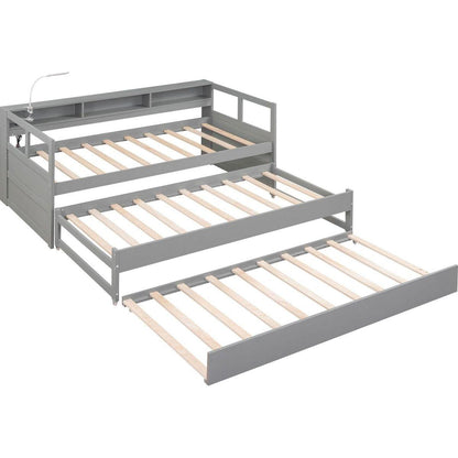 Twin XL Wood Daybed with 2 Trundles, 3 Storage Cubbies, 1 Light for Free and USB Charging Design, Gray