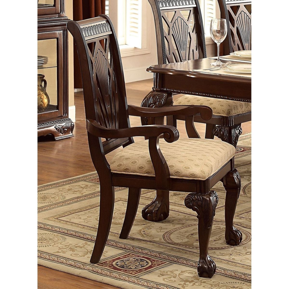 Dark Cherry Finish Formal Dining Armchairs 2pc Set Fabric Upholstered Seat Traditional Design Room Furniture