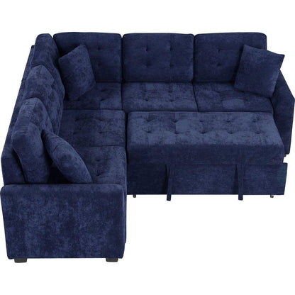 82.6" L-shape Sofa Bed Pull-out Sleeper Sofa with Wheels, USB Ports, Power Sockets for Living Room, Navy Blue