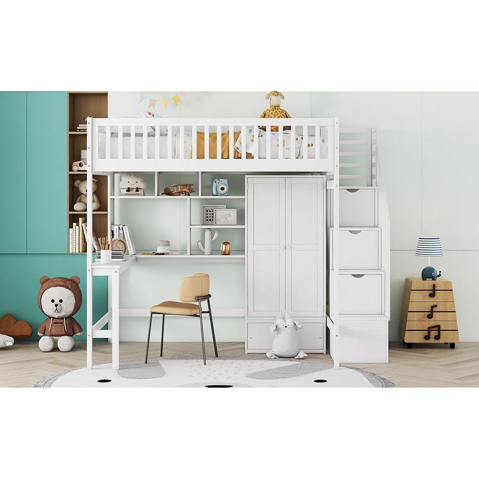 Full size Loft Bed with Bookshelf,Drawers,Desk,and Wardrobe-White