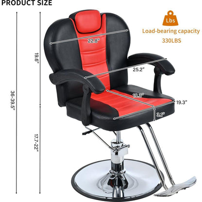 Classic Reclining barber Chair Salon Chair for Hair Stylist with Heavy Duty Hydraulic Pump, 360 Rotation, Tattoo Chair Shampoo Beauty Salon Equipment, Max Load Weight 330 Lbs, Red & Black