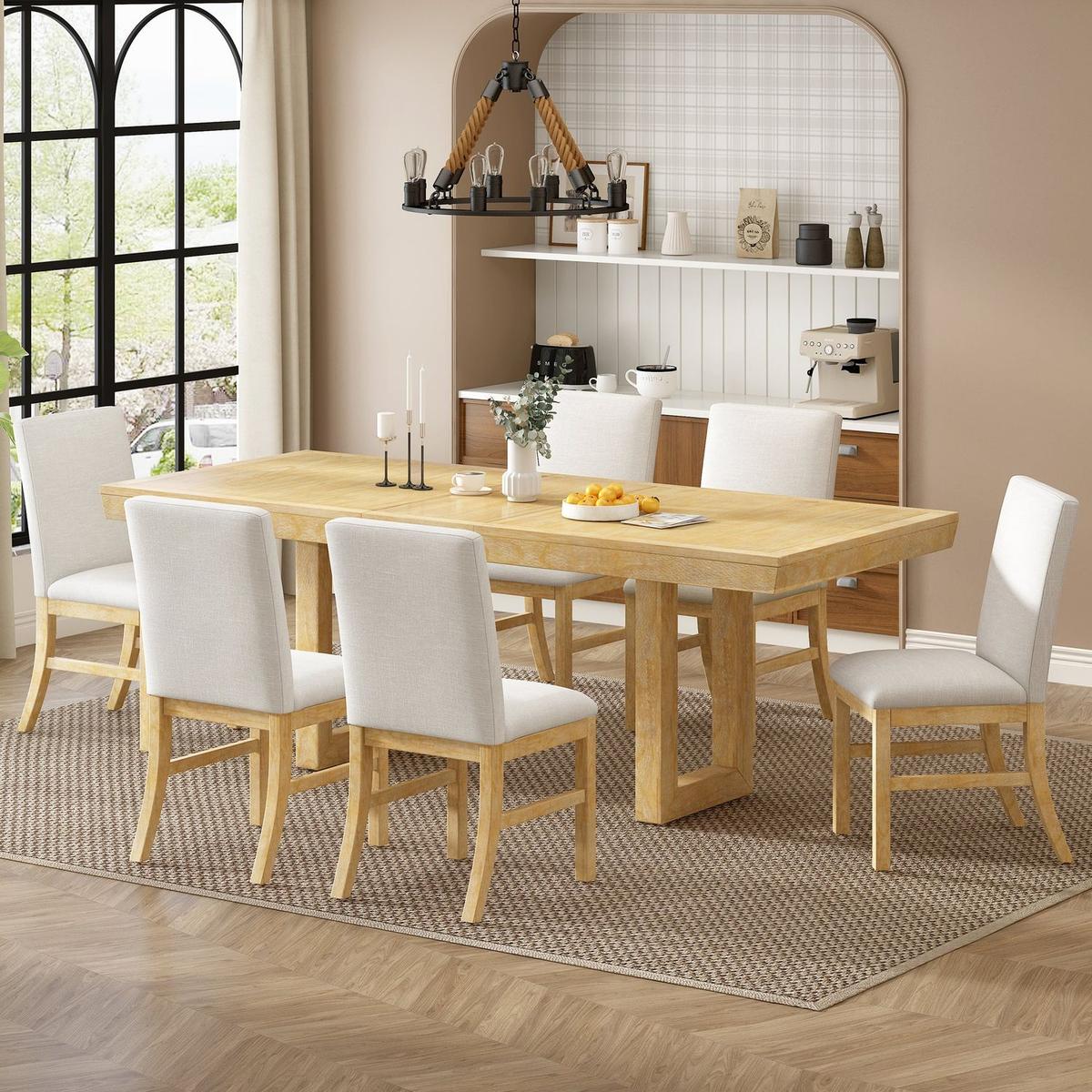 Traditional 7-Piece 72" Extendable Dining Table Set with 12inch Butterfly Leaf and 6 Upholstered Dining Table Set, Natural