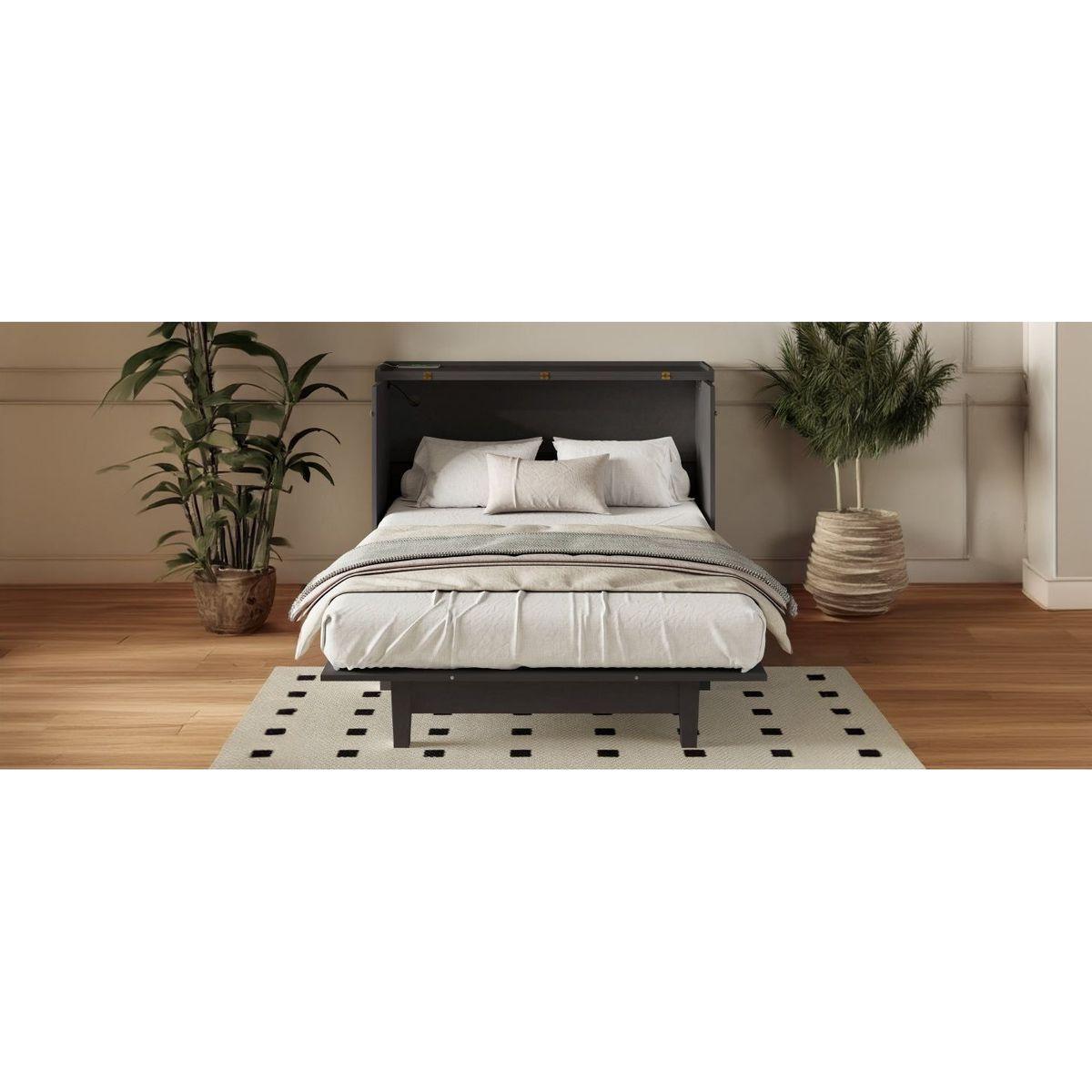 Solid Pine Murphy Bed Chest Cube Cabinet Bed with Charging Station and Large Storage Drawer for Home Office or Small Room,Full,Gray