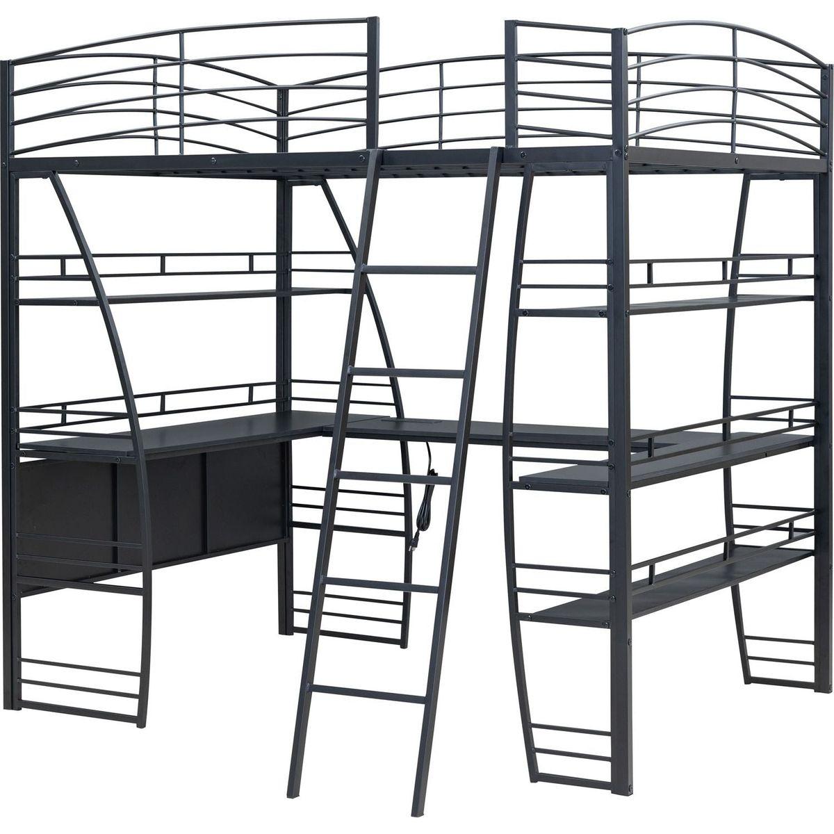 Full Size Loft Bed with 4 Layers of Shelves and L-shaped Desk, Stylish Metal Frame Bed with a set of Sockets, USB Ports and Wireless Charging, Black