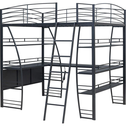 Full Size Loft Bed with 4 Layers of Shelves and L-shaped Desk, Stylish Metal Frame Bed with a set of Sockets, USB Ports and Wireless Charging, Black