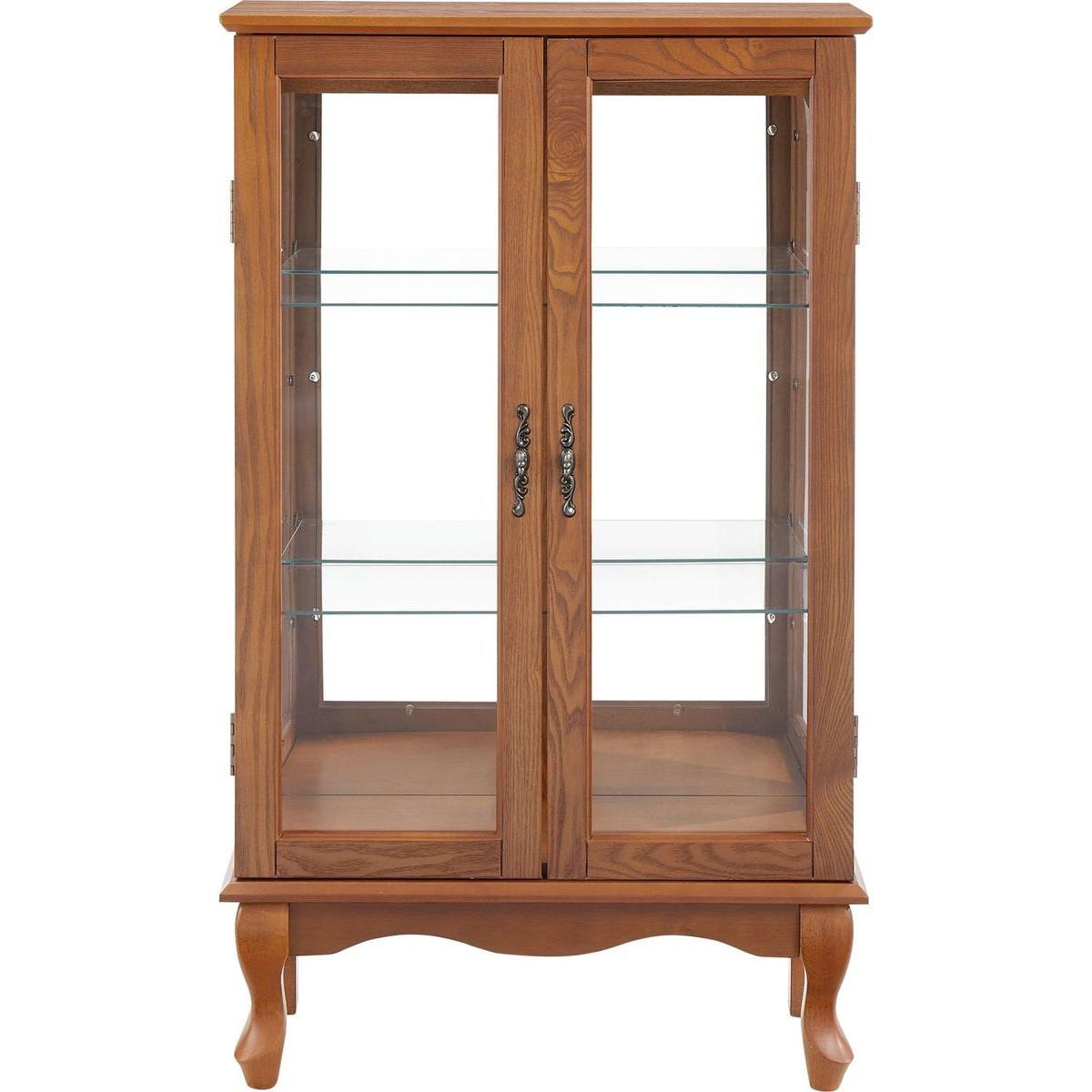 2 Doors Curio Cabinet with Tempered Glass Doors, Curio Cabinets with Mirrored Back Panel and Adjustable Shelves, Lighted Display Cabinet for Home, Office Light Bulb Included Oak