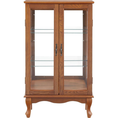 2 Doors Curio Cabinet with Tempered Glass Doors, Curio Cabinets with Mirrored Back Panel and Adjustable Shelves, Lighted Display Cabinet for Home, Office Light Bulb Included Oak