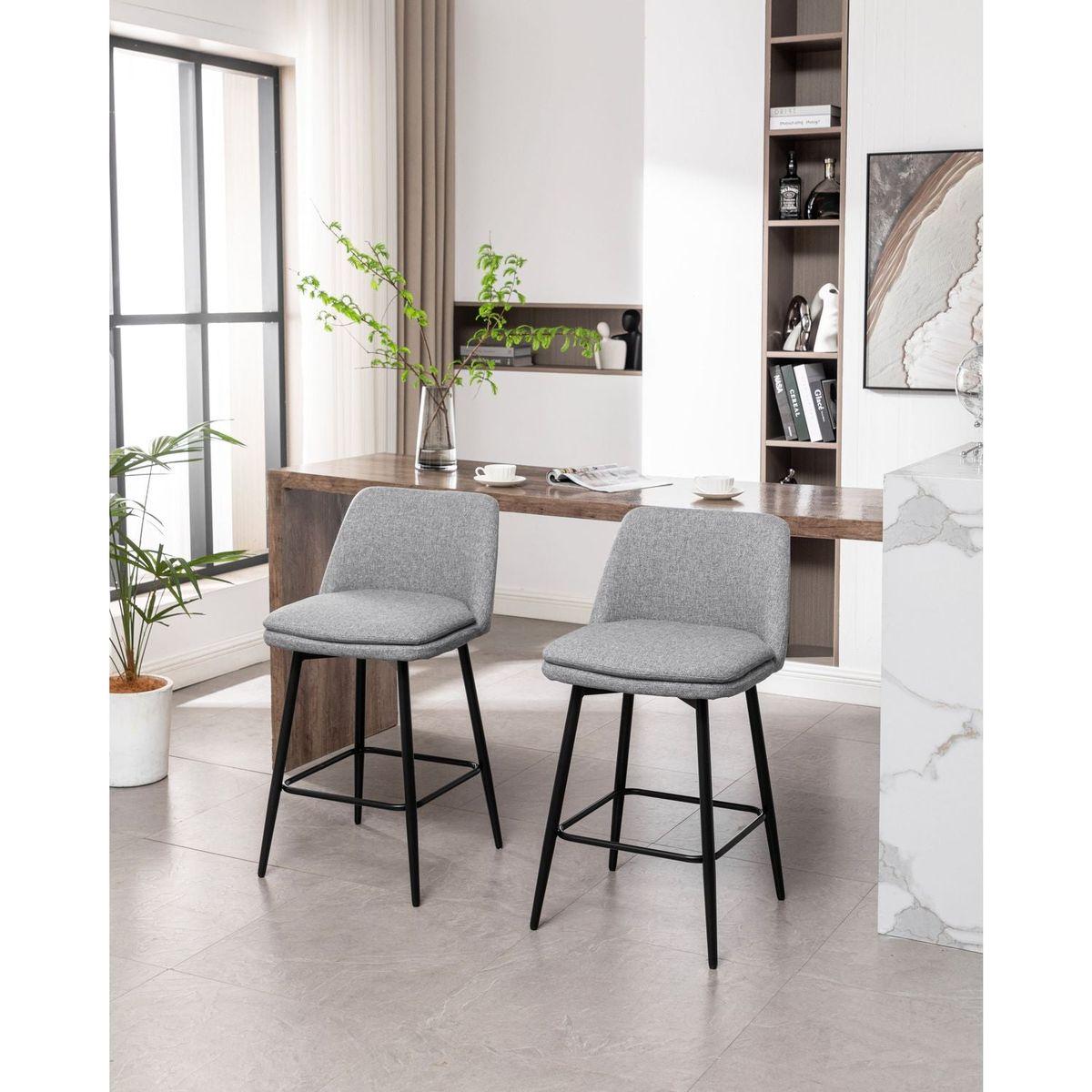 Counter Height Swivel Bar Stools Set of 2, 360 Swivel Upholstered Barstools with Back and Metal Legs, 25.6" Seat Height,Counter Stools for Kitchen Island and Pub,Linen Cloth,Grey