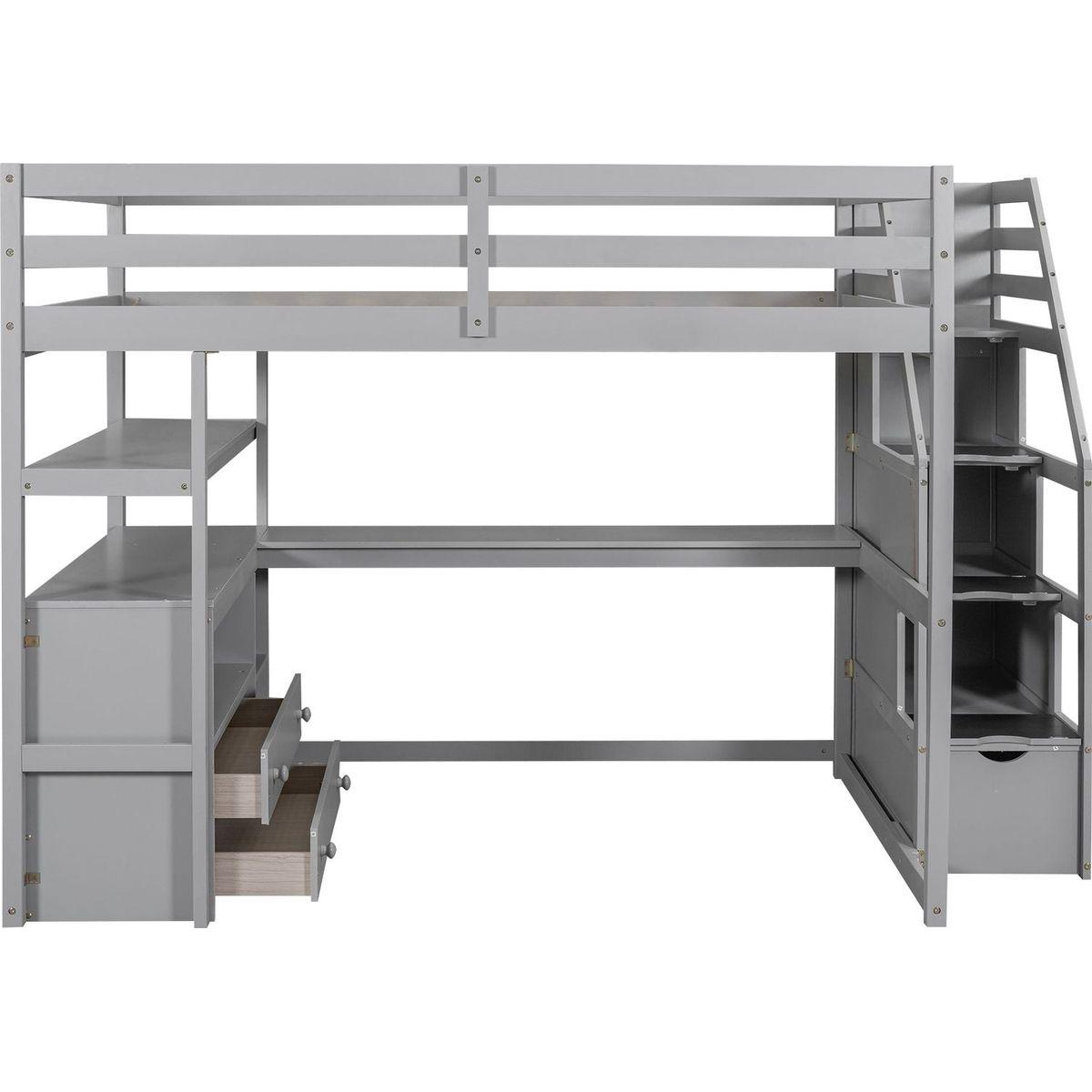 Full Size Loft Bed with Desk and Shelves, Two Built-in Drawers, Storage Staircase, Gray