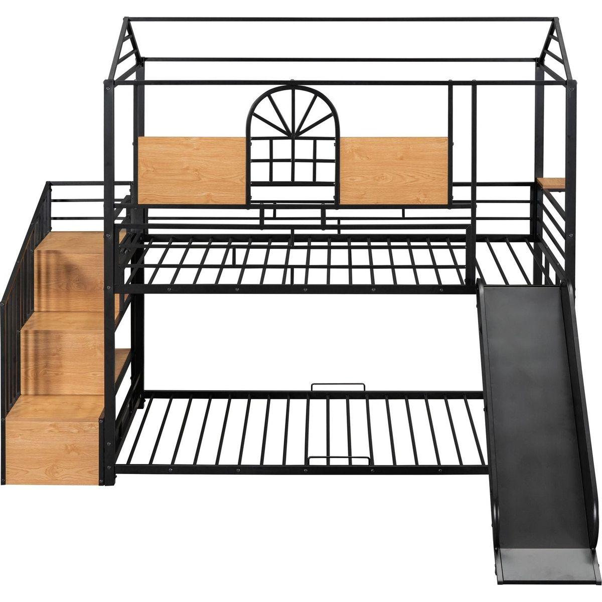 Twin Over Twin Metal Bunk Bed, Metal Housebed with Slide and Storage Stair, Black with Black Slide
