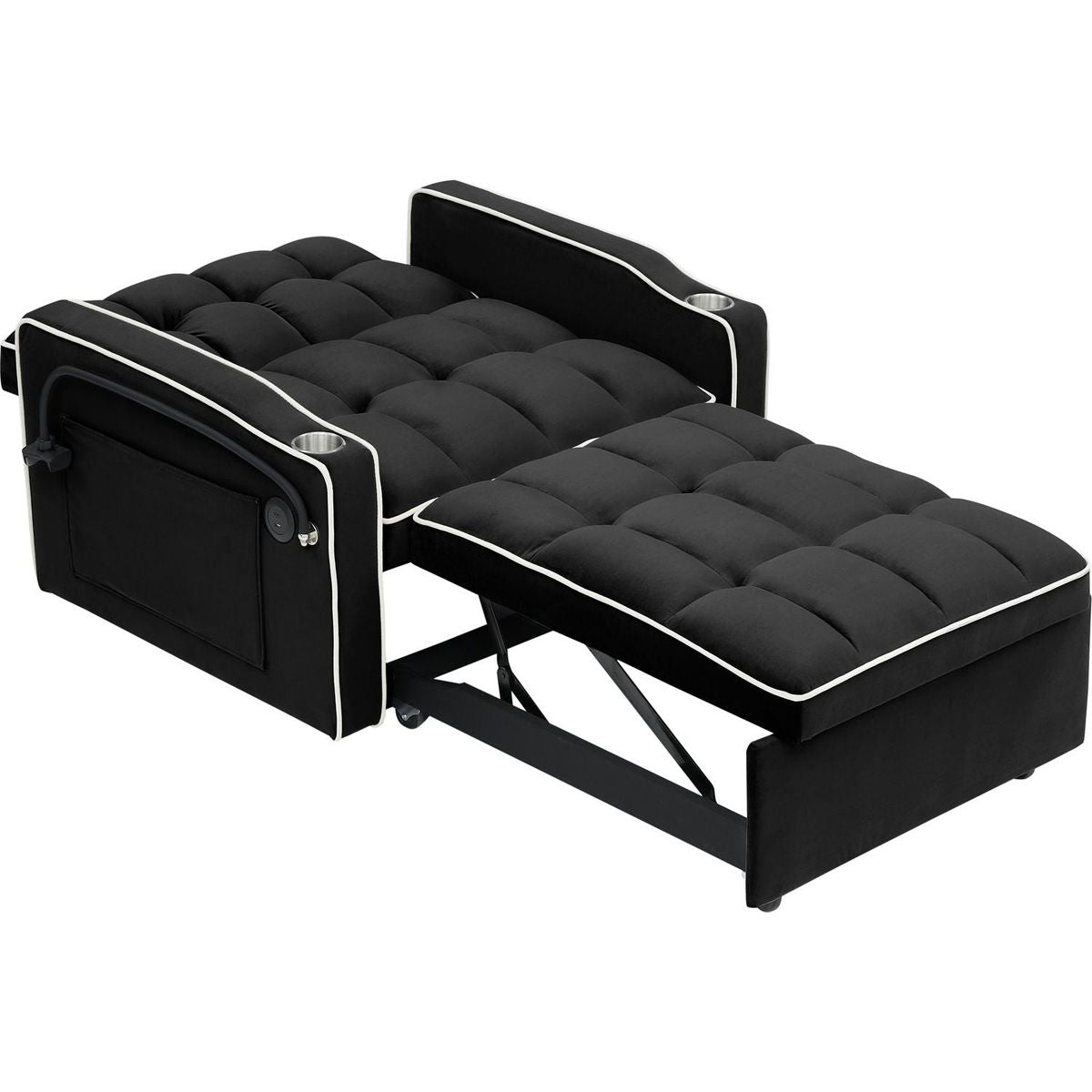 1 versatile foldable sofa bed in 3 lengths, modern sofa sofa sofa velvet pull-out bed, adjustable back and with USB port and ashtray and swivel phone stand black