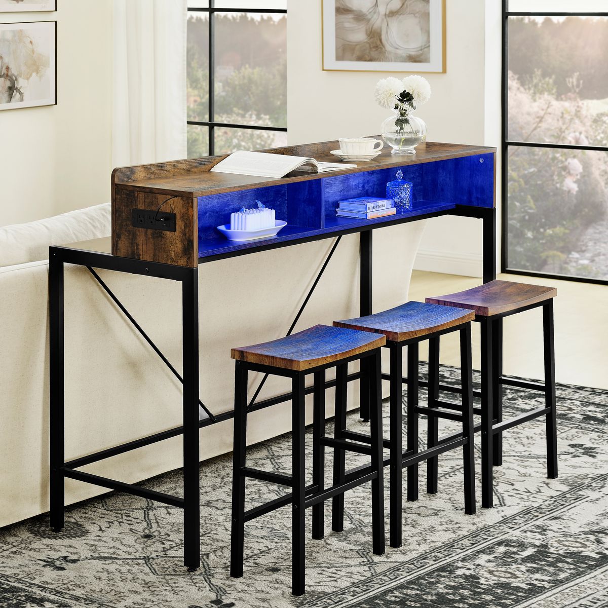 59 inch bar table, dining table, sofa table with power socket and LED light, 3 saddle stools, 4-piece bar table and chairs set for living room, dining room and kitchen