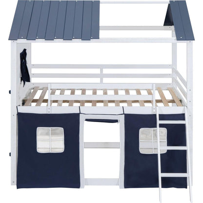 Full Size Bunk Wood House Bed with Elegant Windows, Sills and Tent, Blue+White