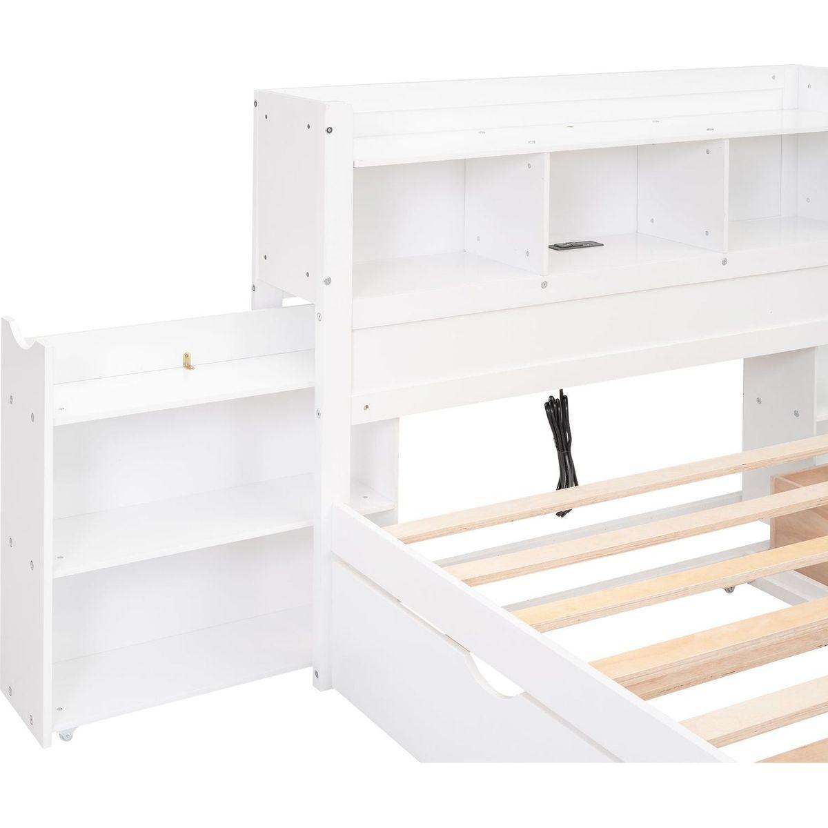 Full Size Storage Platform Bed with Pull Out Shelves, Twin Size Trundle and 2 Drawers, White