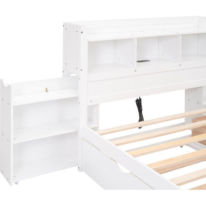 Full Size Storage Platform Bed with Pull Out Shelves, Twin Size Trundle and 2 Drawers, White