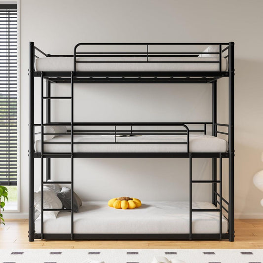 Triple Twin Bunk Beds, Twin Over Twin Over Twin Metal Bunk Bed Platform Frame, Two Attached Ladders, Easy Access Guard-Rail, No Box Spring Need (Black)