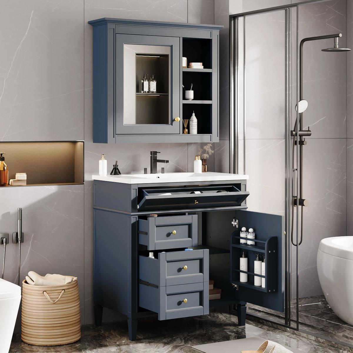 30" Bathroom Vanity with Top Sink, Modern Bathroom Storage Cabinet with 2 Drawers and a Tip-out Drawer, Freestanding Vanity Set with Mirror Cabinet, Single Sink Bathroom Vanity