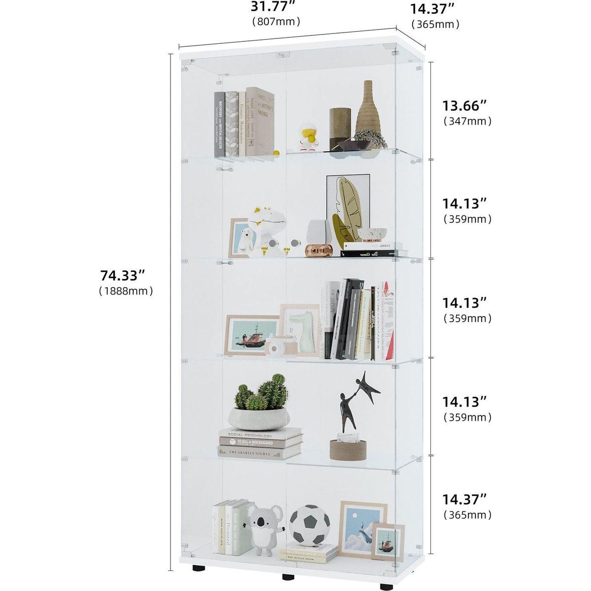 Glass Display Cabinet with 5 Shelves Double Door, Curio Cabinets for Living Room, Bedroom, Office, White Floor Standing Glass Bookshelf, Quick Installation