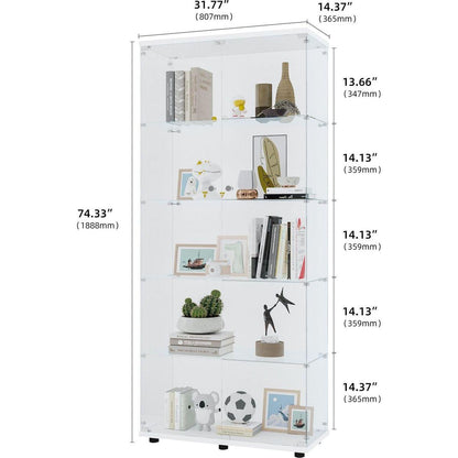 Glass Display Cabinet with 5 Shelves Double Door, Curio Cabinets for Living Room, Bedroom, Office, White Floor Standing Glass Bookshelf, Quick Installation