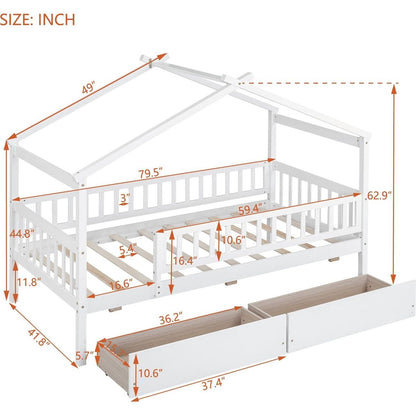 Twin Size Wooden House Bed with Two Drawers, White