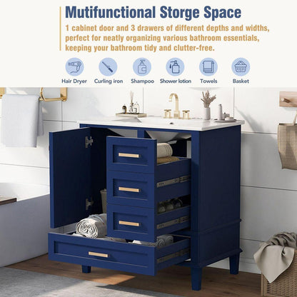 30" Bathroom Vanity, Modern Bathroom Cabinet with Sink Combo Set, Bathroom Storage Cabinet with a Soft Closing Door and 3 Drawers, Solid Wood Frame(Blue)