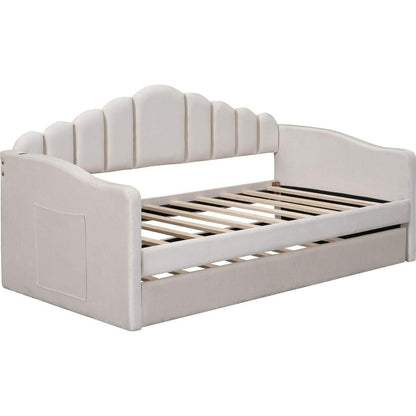 Twin size Upholstered Daybed with Trundle, Velvet Sofabed with USB Charging Ports,No Box-spring Needed,Beige
