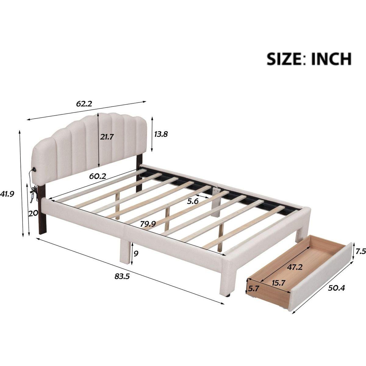 Teddy Fleece Queen Size Upholstered Platform Bed with Drawer, Beige