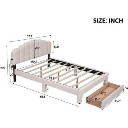 Teddy Fleece Queen Size Upholstered Platform Bed with Drawer, Beige