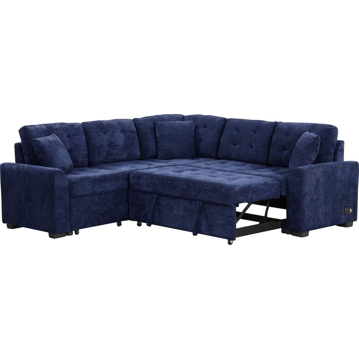 82.6" L-shape Sofa Bed Pull-out Sleeper Sofa with Wheels, USB Ports, Power Sockets for Living Room, Navy Blue
