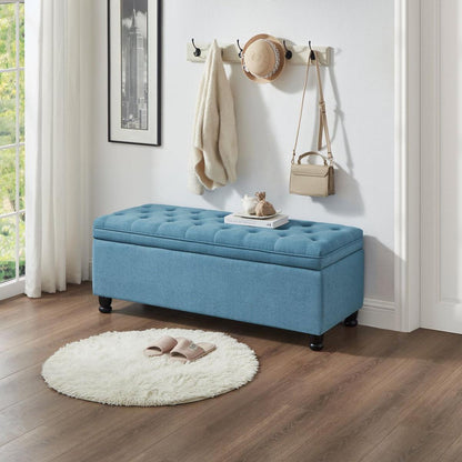 Upholstered tufted button storage bench, Linen fabric entry bench with spindle wooden legs, Bed bench- Light Blue
