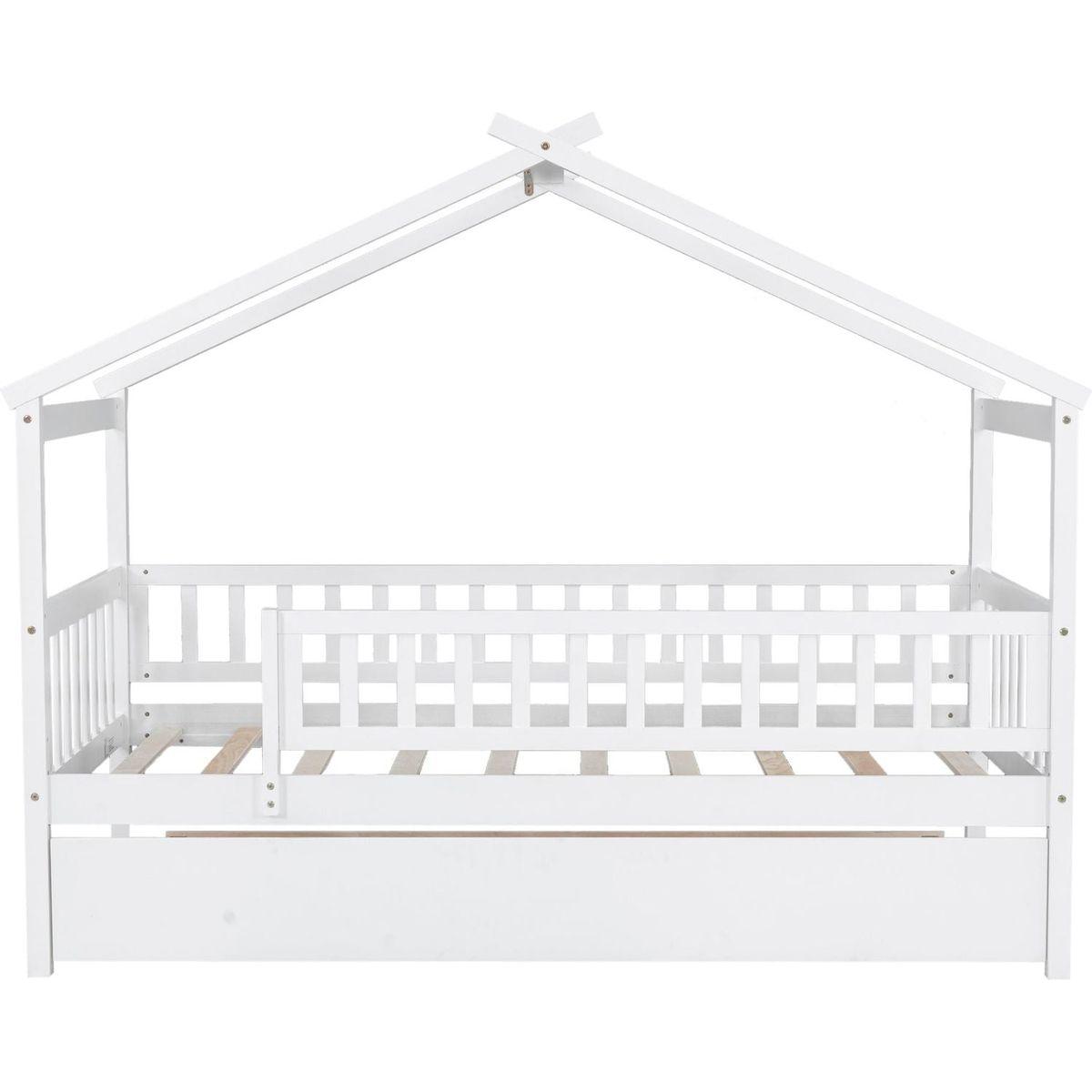 Twin Size Wooden House Bed with Twin Size Trundle, White