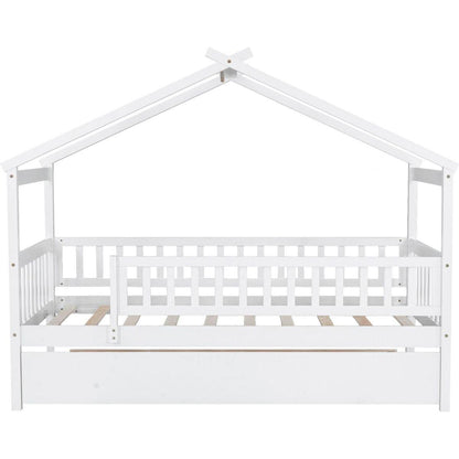 Twin Size Wooden House Bed with Twin Size Trundle, White