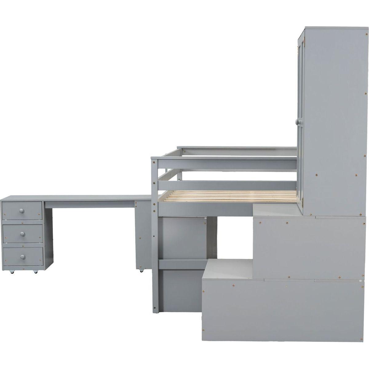 Full Size Wooden Loft Bed Big Storage with Under-bed Desk, with Drawers, with Shelves, Gray