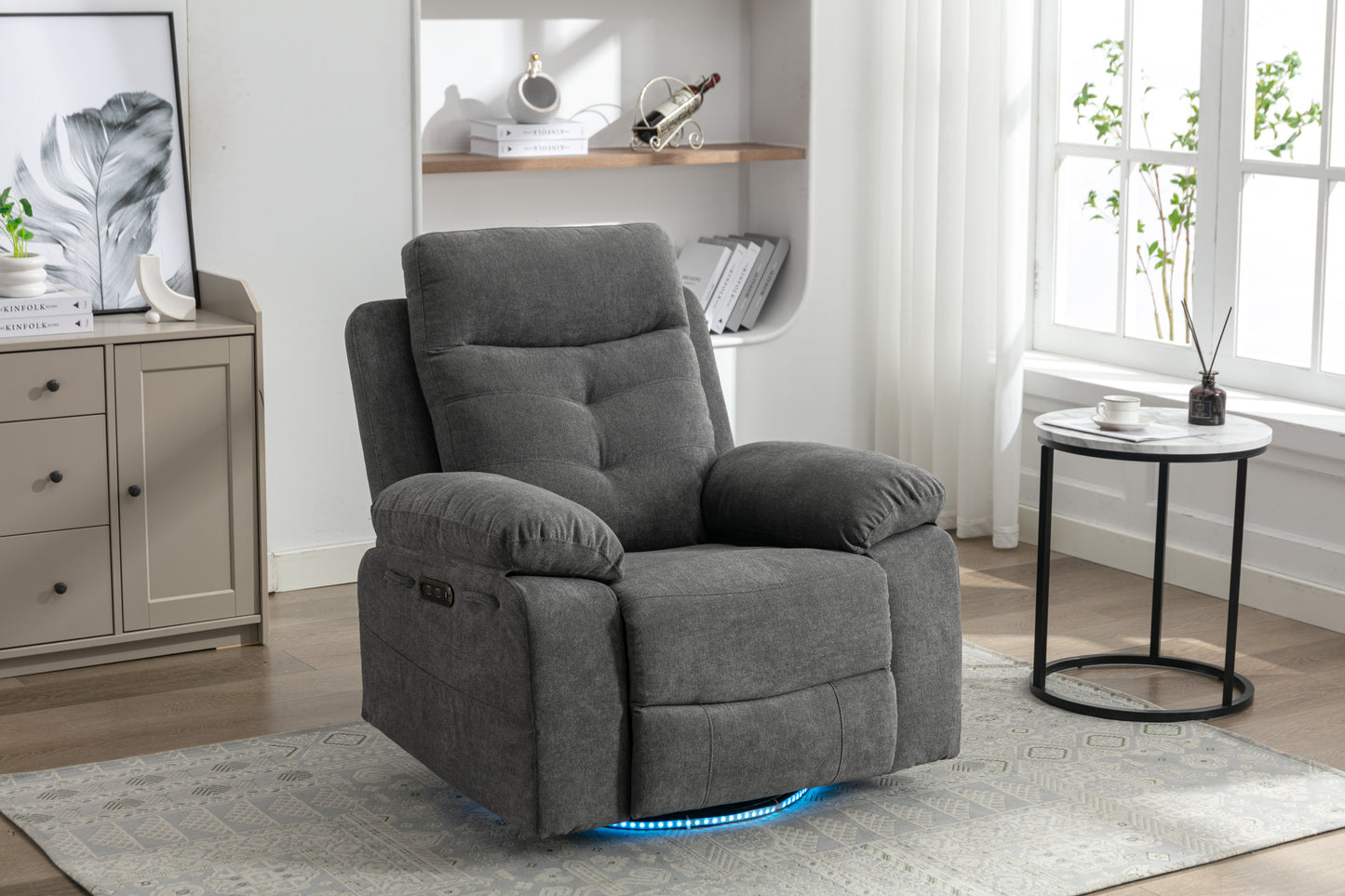 Power Recliner Glider Chair With Bluetooth Speaker 270 Degree Swivel With LED Light Side Arm With Storage Pockets USB+Type C Charging Port Button Control Retractable Footrest Adjustable Backrest DG