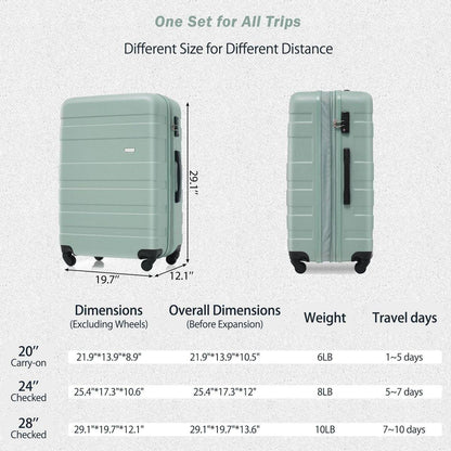Luggage Sets New Model Expandable ABS Hardshell 3pcs Clearance Luggage Hardside Lightweight Durable Suitcase sets Spinner Wheels Suitcase with TSA Lock 20"24"28"(Green)