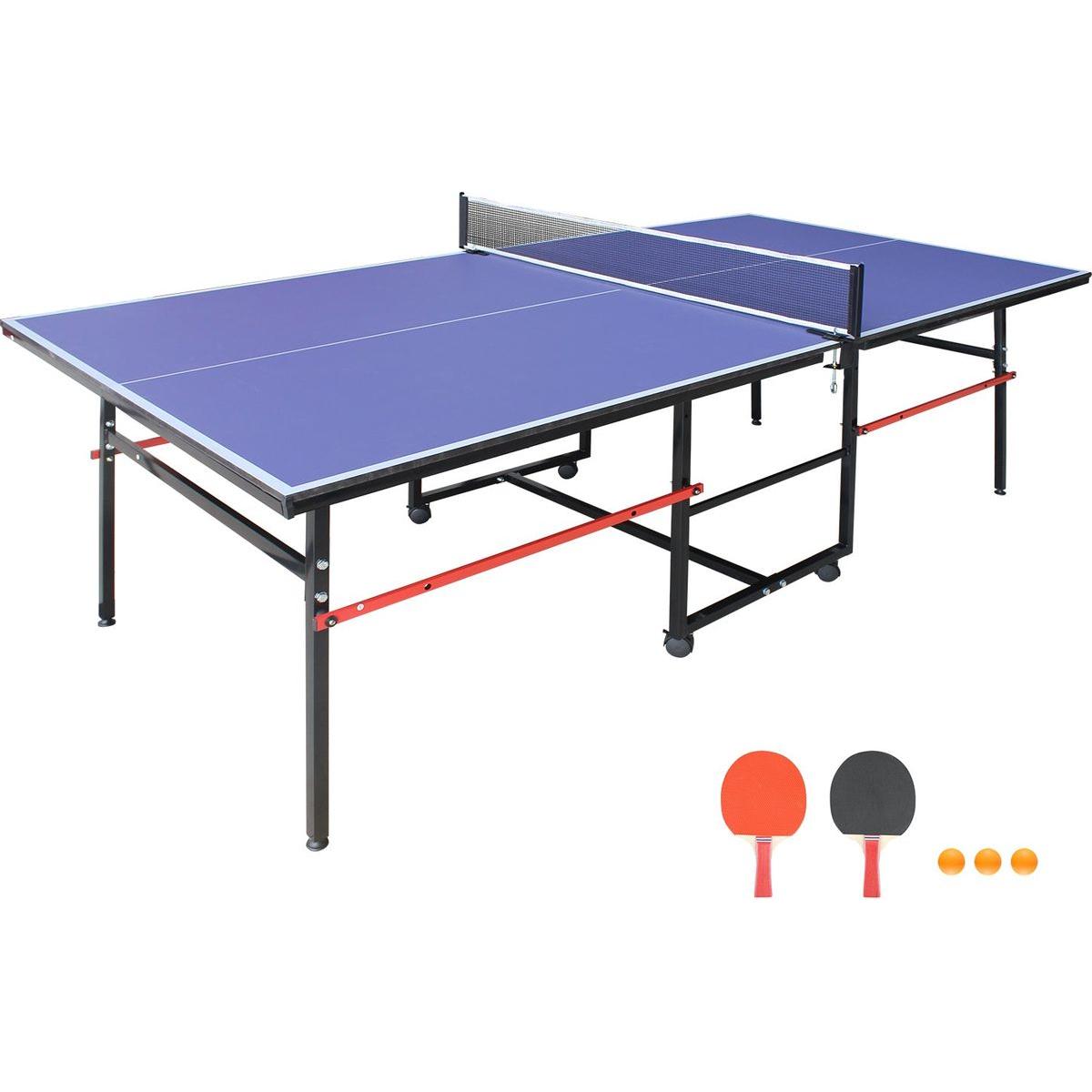 8ft Mid-Size Table Tennis Table Foldable & Portable Ping Pong Table Set for Indoor & Outdoor Games with Net, 2 Table Tennis Paddles and 3 Balls