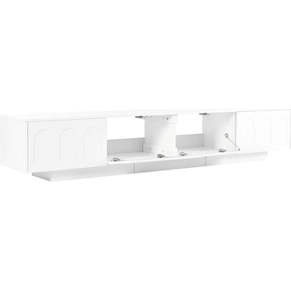 TV Stand with Fluted tempered Glass Doors for TVs Up to 95", Functional Media Console with Arched Cabinet Doors, Entertainment Center with APP-Controlled LED Light for Living Room, White