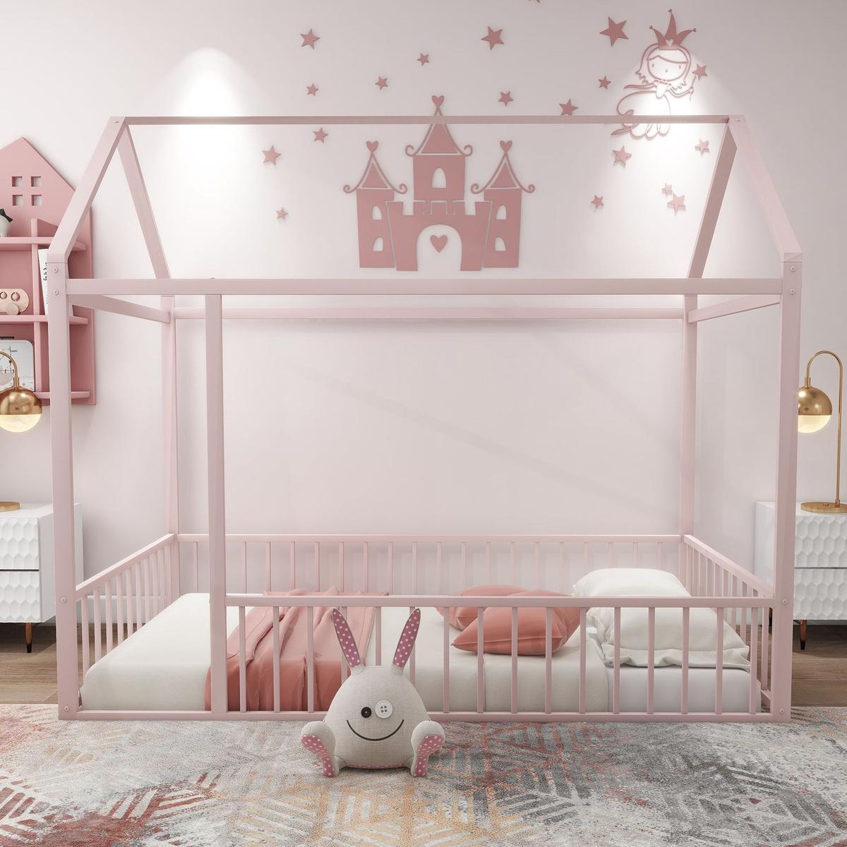 Twin Size Metal Bed House Bed Frame with Fence, for Kids, Teens, Girls, Boys, Pink - Streamdale Furniture