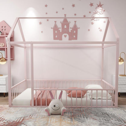 Twin Size Metal Bed House Bed Frame with Fence, for Kids, Teens, Girls, Boys, Pink - Streamdale Furniture