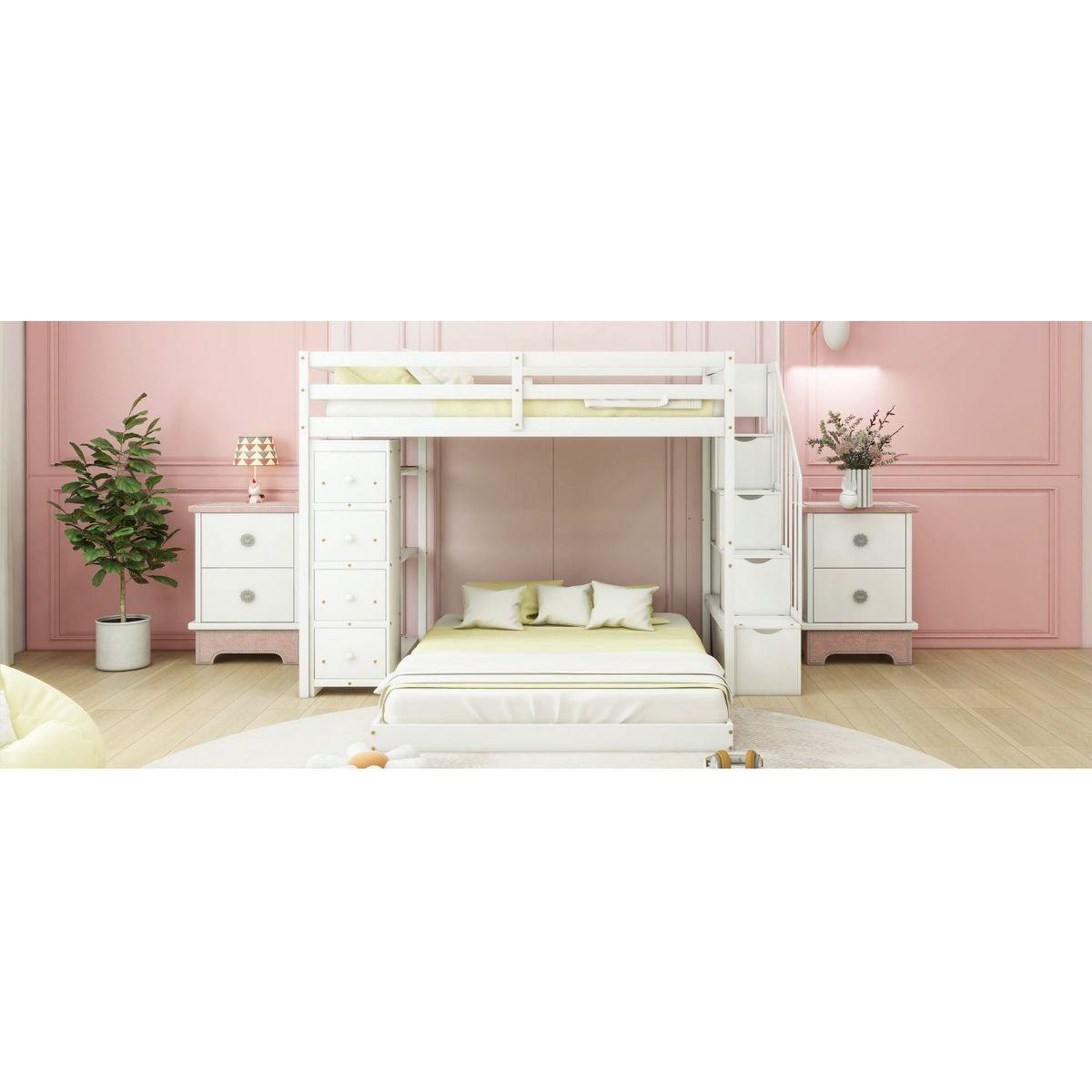 Twin Over Full Bunk Bed with 3-layer Shelves, Drawers and Storage Stairs, White