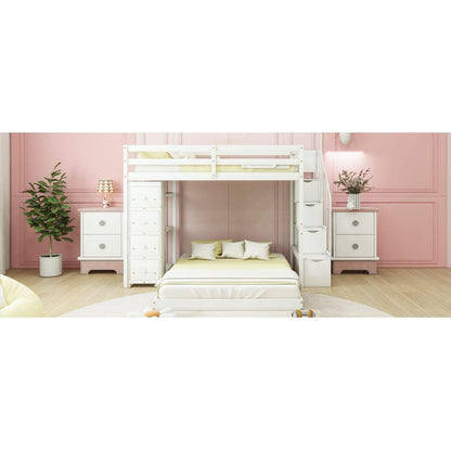 Twin Over Full Bunk Bed with 3-layer Shelves, Drawers and Storage Stairs, White