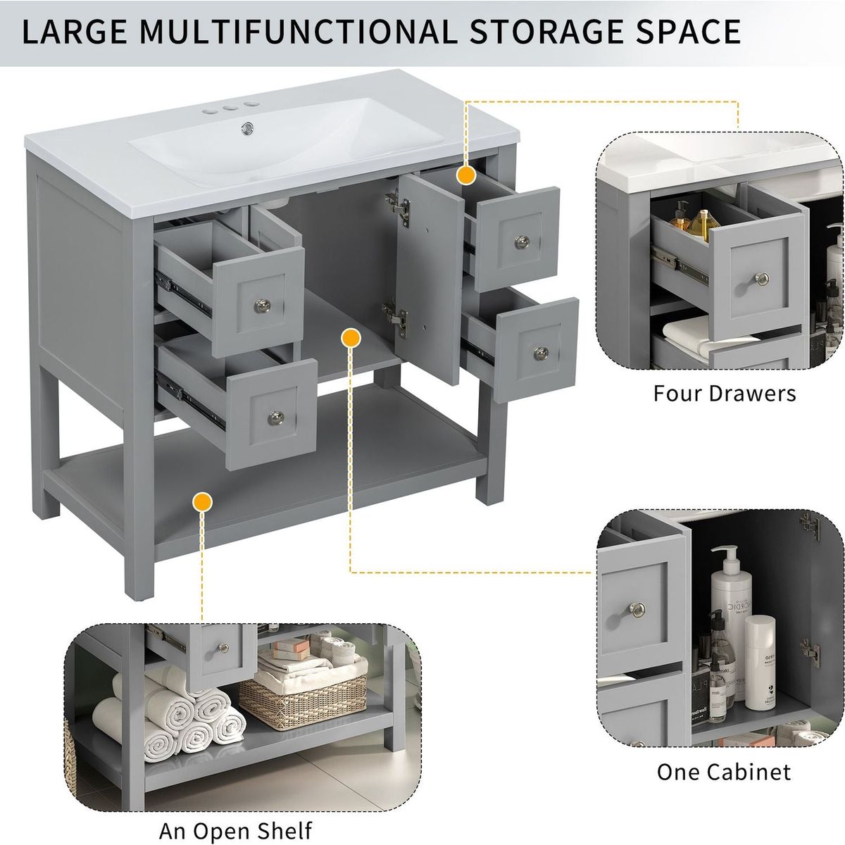 36" Bathroom Vanity with Undermount Sink,Free Standing Vanity Set with 4 Drawers& Soft Closing Doors,Solid Wood Frame Bathroom Storage Cabinet