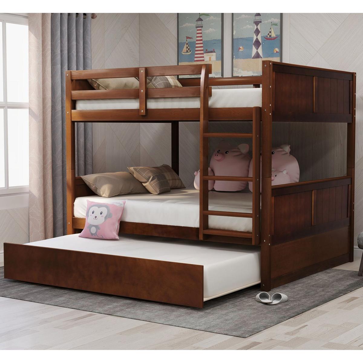 Full Over Full Bunk Bed with Twin Size Trundle, Walnut