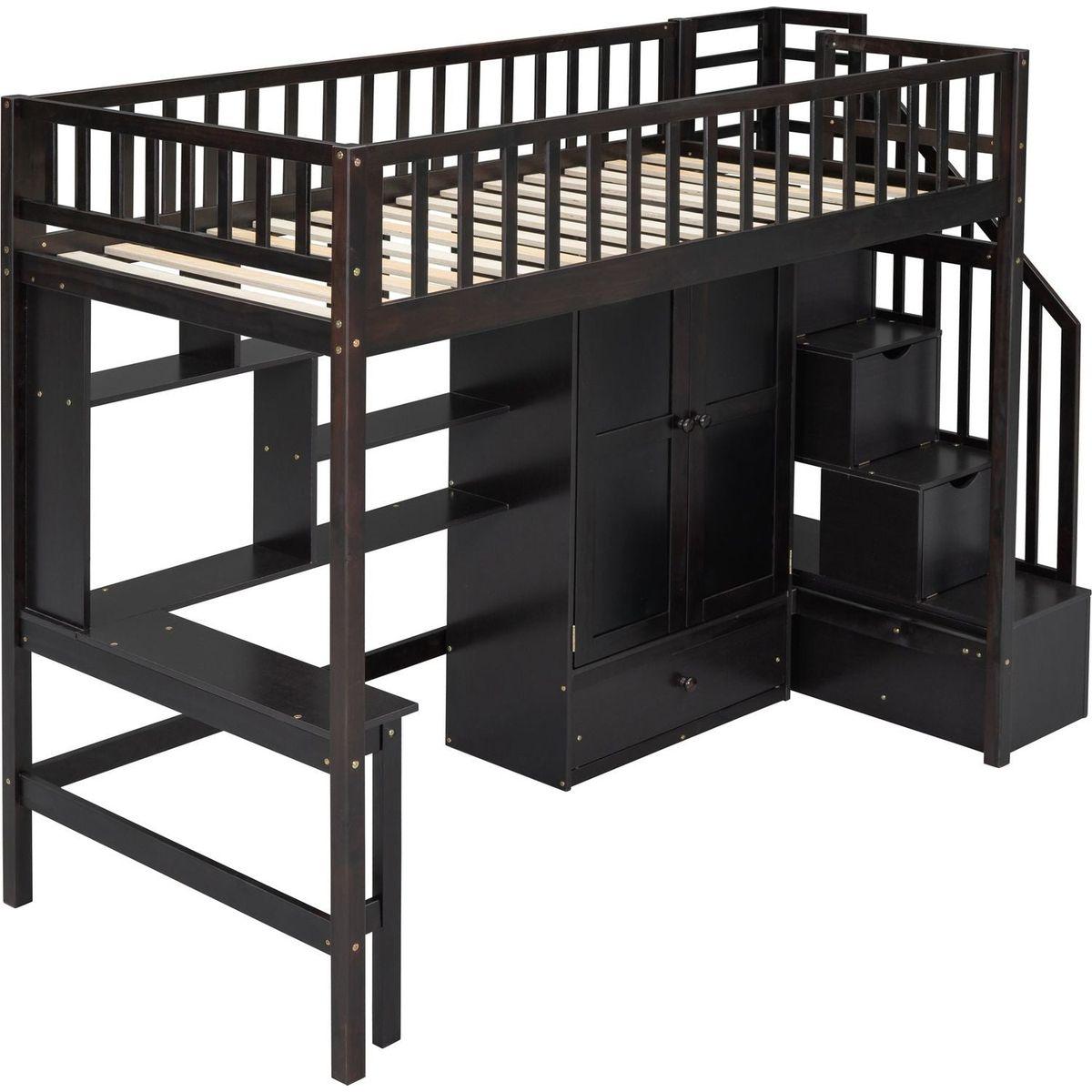 Twin size Loft Bed with Bookshelf,Drawers,Desk,and Wardrobe-Espresso