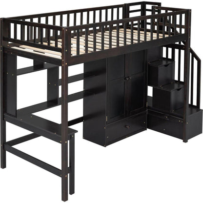 Twin size Loft Bed with Bookshelf,Drawers,Desk,and Wardrobe-Espresso
