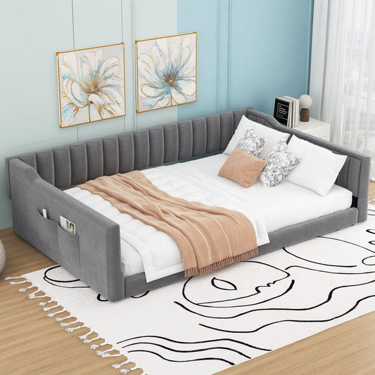 Full XL Size Upholstery Daybed and Side Storage Pocket,Gray(Expected Arrival Time:1.7)