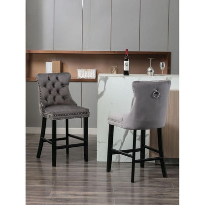 Contemporary Velvet Upholstered Barstools with Button Tufted Decoration and Wooden Legs, and Chrome Nailhead Trim, Leisure Style Bar Chairs,Bar stools, Set of 2 (Gray)