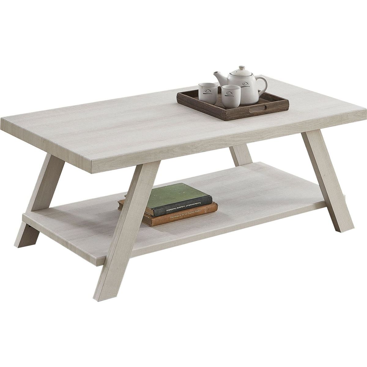 Athens Contemporary Wood Shelf Coffee Table in White Finish